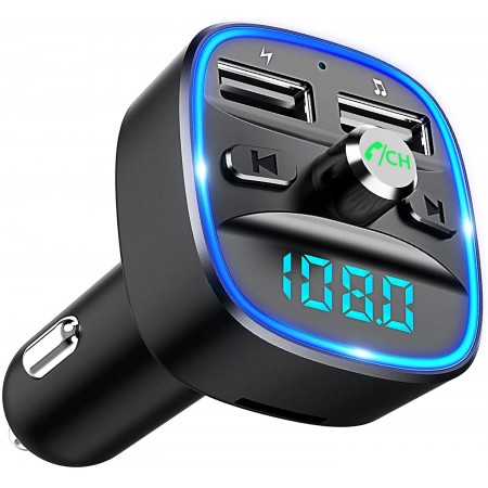 Cocoda Bluetooth FM Transmitter für Auto, Blaue Umgebende Leuchte Drahtloser Radio Kfz-Empfänger Adapter mit Freisprecheinrichtung, Dual USB Ladegerät