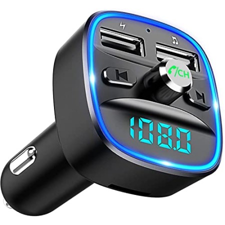 Cocoda Bluetooth FM Transmitter for Car, Blue Ambient Ring Light Wireless Radio Car Receiver Adapter Kit with Hands-Free Calling, Dual USB Charger 5V/2.4A and 1A, Support SD Card, USB Disk (Black)